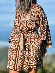 Vintage Sari Collection: Kitekite Kimono Dress - Cocoa Drift (S/M) Vintage Crepe Silk Sari