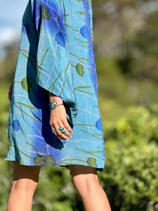 Vintage Sari Collection: Kitekite Kimono Dress - Azure Lily (M/L) Vintage Crepe Silk Sari