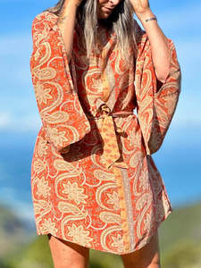 Vintage Sari Collection: Kitekite Kimono Dress - Dusty Sunset (S/M) Vintage Crepe Silk Sari