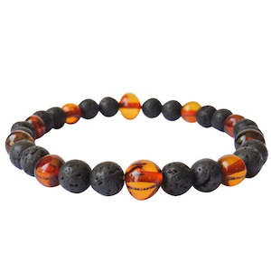 Amber Bracelets: Adults Bracelet - Polished Cognac Amber & Lava Stones
