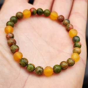 Amber Bracelets: Raw Honey Amber & Natural Unakite Elastic Bracelet