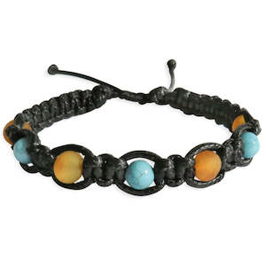 Black Macrame Cord Bracelet - Raw Honey Amber & Turquoise Stones