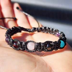 Amber Bracelets: Black Macrame Cord Bracelet - Cherry, Amazonite, Rose Quartz, Amethyst