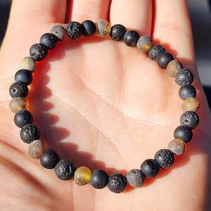 Natural Raw Green Amber, Obsidian, Lava Stones Elastic Bracelet