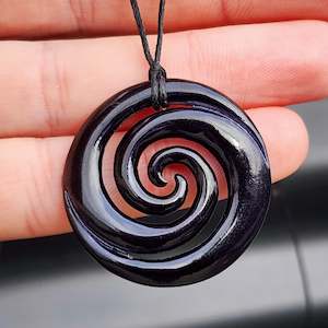Bone Carings: Black Stained Hand Carved Maori Bone Carving Pendant Necklace - Double Closed Koru