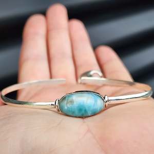 Sterling Silver Bracelets Bangles: Solid 925 Sterling Silver & Natural Larimar Handmade Cuff Bracelet