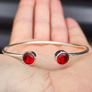 Handmade Silver Bracelets Bangles: Solid Sterling Silver & Natural Garnet Handmade Cuff Bracelet