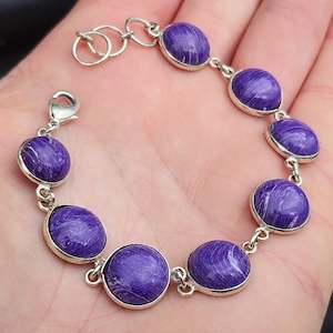 Handmade Silver Bracelets Bangles: Solid Sterling Silver & Natural Charoite Handmade Chain Bracelet