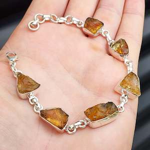 Handmade Silver Bracelets Bangles: Solid Sterling Silver & Natural Raw Citrine Stone Handmade Chain Bracelet