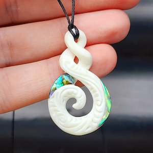 Natural Hand Carved Maori Bone Carving Pendant Necklace - Etched Koru Twist - Paua Inlay