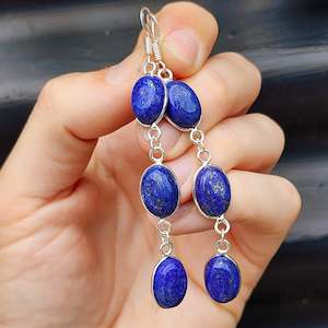 Solid Sterling Silver & Natural Lapis Lazuli Handmade Hanging Hook Earrings