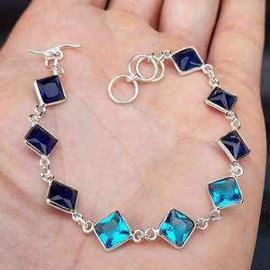 Solid Sterling Silver & Natural Blue Topaz & Sapphire Handmade Chain Bracelet