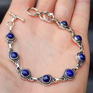 Sterling Silver Bracelets Bangles: Solid 925 Sterling Silver & Natural Lapis Lazuli Handmade Chain Bracelet