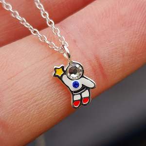 Childrens 925 Solid Sterling Silver & CZ Astronaut Necklace