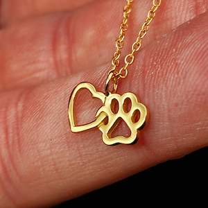 Childrens 925 Solid Sterling Silver Gold Heart & Paw Print Necklace