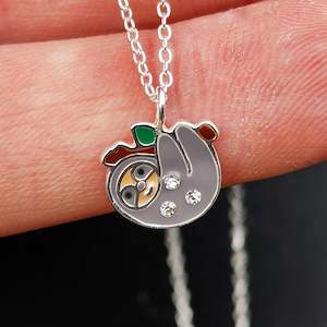 Childrens 925 Solid Sterling Silver & CZ Sloth Necklace