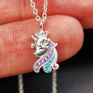 Childrens 925 Solid Sterling Silver & CZ Unicorn Necklace