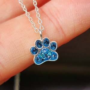 Childrens 925 Solid Sterling Silver & Blue CZ Paw Print Necklace