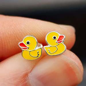 Childrens Earrings: 925 Sterling Silver Rubber Duck Stud Earrings