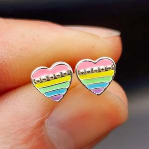 Childrens Earrings: 925 Sterling Silver Rainbow Heart Stud Earrings