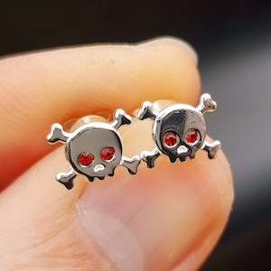 925 Sterling Silver & Red CZ Skull & Crossbones Stud Earrings