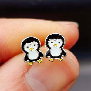 Childrens Earrings: 925 Sterling Silver Penguin Stud Earrings
