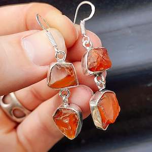 Earrings: Rustic Sterling Silver & Natural Raw Carnelian Double Stone Hanging Earrings
