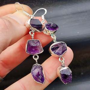 Rustic Sterling Silver & Natural Raw Amethyst Handmade 3x Setting Hanging Earrings