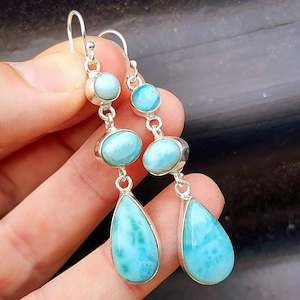 Earrings: 925 Sterling Silver & Natural Larimar 3x Setting Handmade Hanging Hook Earrings