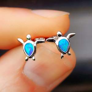 Solid 925 Sterling Silver & 8mm Created Opal Turtle Stud Earrings