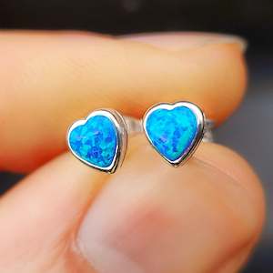 Earrings: Solid 925 Sterling Silver & 6mm Created Opal Heart Stud Earrings