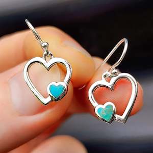 Solid 925 Sterling Silver & Natural Turquoise Heart Hook Earrings