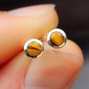 Earrings: Solid 925 Sterling Silver & 5mm Natural Tiger Eye Round Stud Earrings