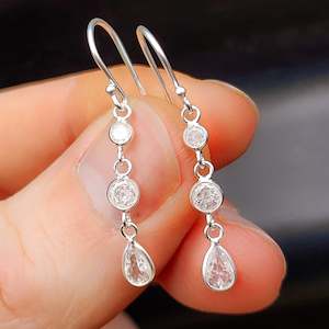Earrings: Solid 925 Sterling Silver & CZ 3 Layer Hanging Hook Earrings