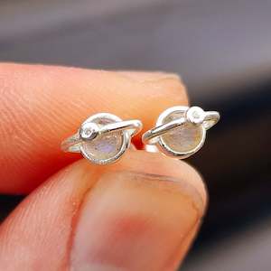 Solid 925 Sterling Silver & Natural Labradorite Planet Stud Earrings