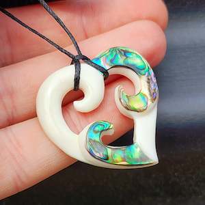 Natural Hand Carved Maori Bone Carving Pendant Necklace - Triple Koru With Paua