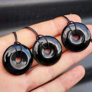 Gemstone Pendants: Natural Obsidian Donut Pendant Necklace