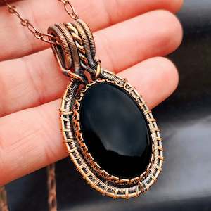 Handmade Copper & Natural Black Onyx Wire Wrap Necklace