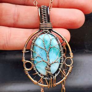 Handmade Copper & Natural Larimar Wire Wrap Tree Necklace