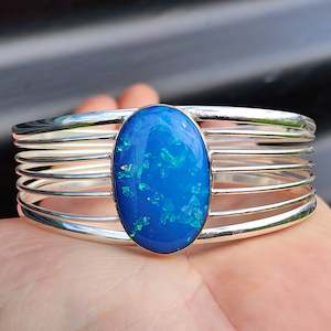 Solid 925 Sterling Silver & Created Opal Cage Cuff Bracelet