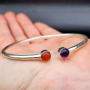 Sterling Silver Bracelets Bangles: Solid 925 Sterling Silver, Amethyst & Carnelian Stone Bracelet