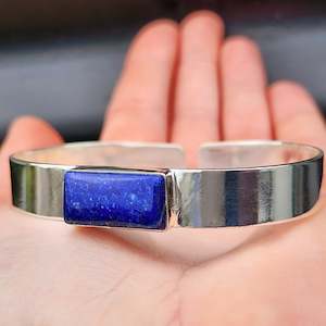 Solid 925 Sterling Silver & Natural Lapis Lazuli Rectangle Cuff Bracelet