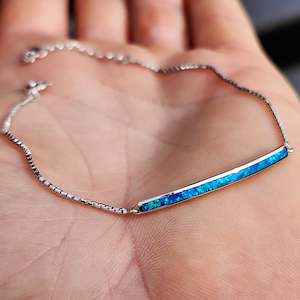 Solid 925 Sterling Silver & Created Opal Bar Chain Bracelet
