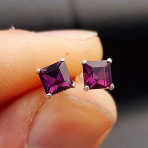 6mm Purple CZ & Solid 925 Sterling Silver Faceted Square Stud Earrings