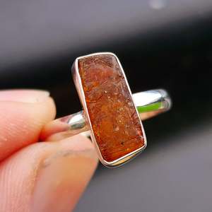 (T) Solid 925 Sterling Silver & Natural Raw Orange Kyanite Irregular Shaped Ring