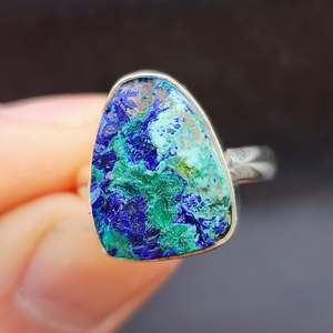 (Q) Solid 925 Sterling Silver & Natural Raw Azurite Handmade Irregular Ring