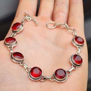 Solid Sterling Silver & Natural Garnet Handmade Chain Bracelet