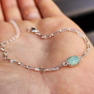 Solid 925 Sterling Silver & Natural Amazonite Rectangle Chain Bracelet