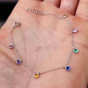 Solid 925 Sterling Silver & Colored Round CZ Chain Bracelet