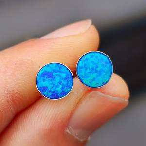 Solid 925 Sterling Silver & 8mm Created Opal Round Stud Earrings